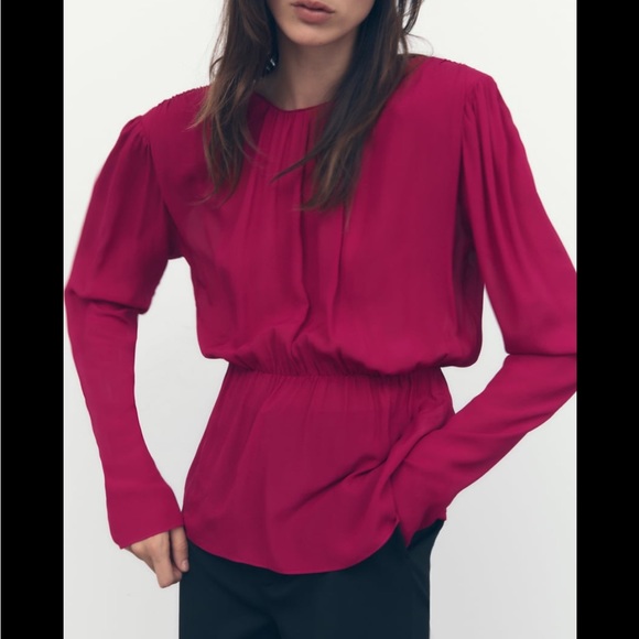 Zara NWT long sleeves shoulder padded open back peplum blouse - Picture 2 of 12